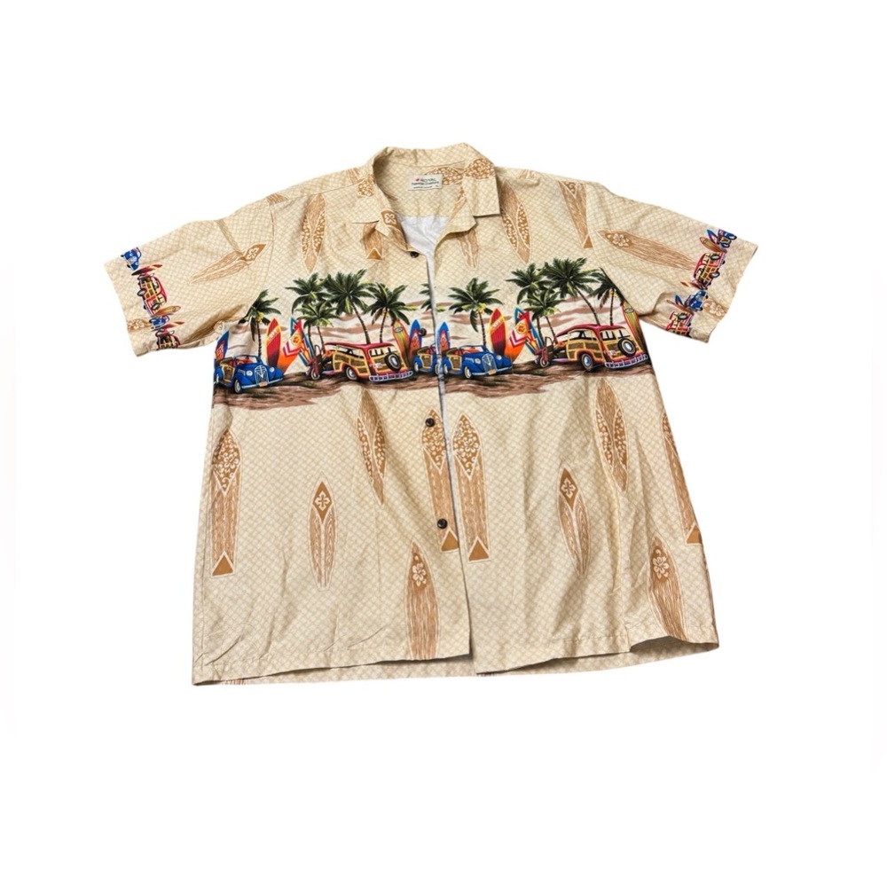 Royal Hawaiian Creations | Men's Beige Surf Print Short Sleeve Button-Down Shirt